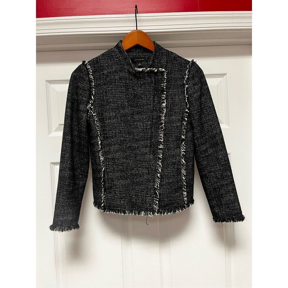 Ann Taylor Black Tweed Raw Hem Asymmetrical Jacket sz XS NWOT